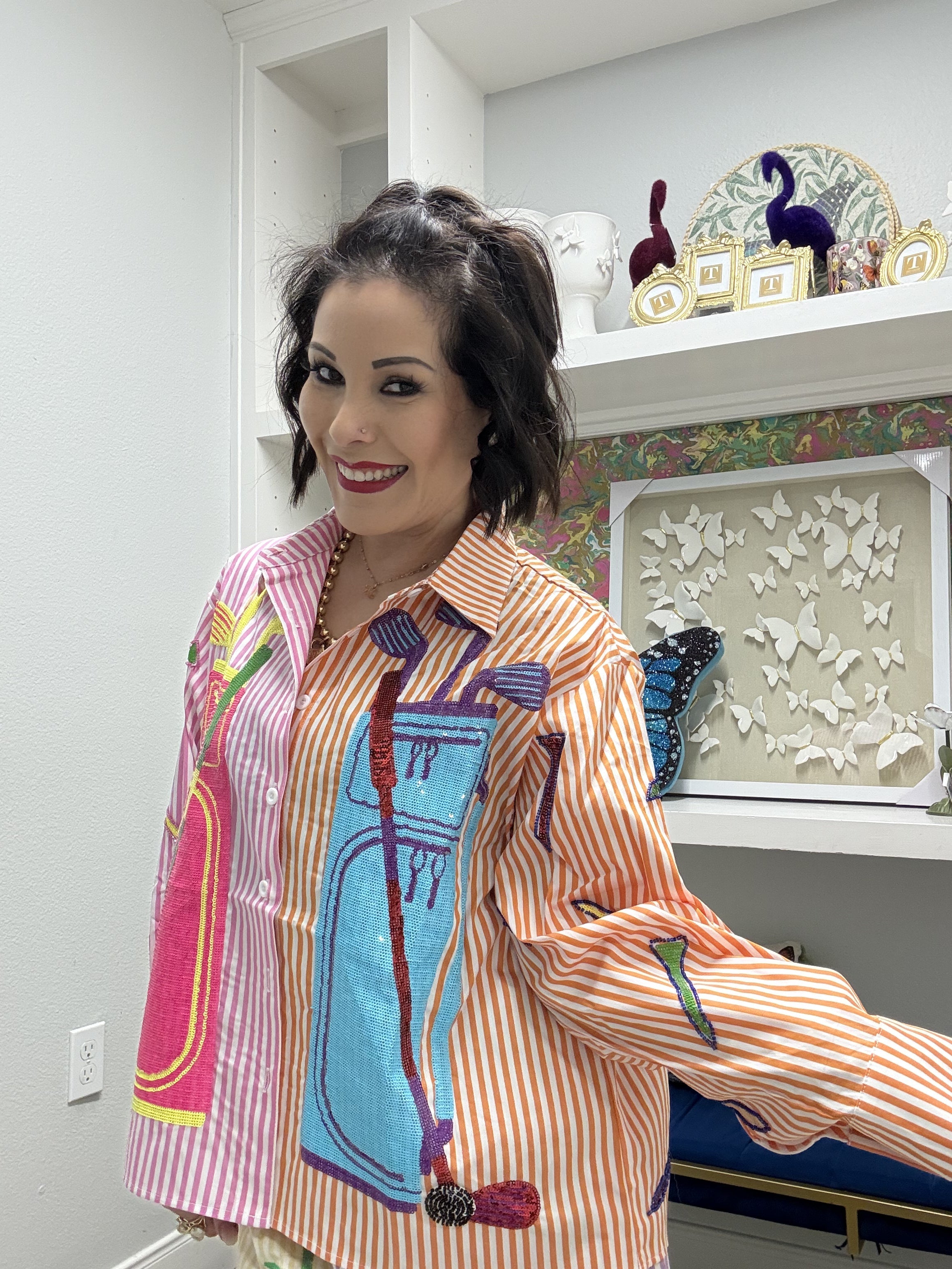 QOS Pink & Orange Striped Colorblock Golf Clubs Button Up Top